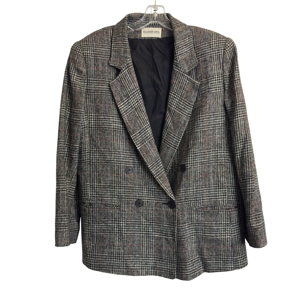 Allison Gail Vintage Plaid Blazer Wool Blend Double Breasted Grey Made in USA 16